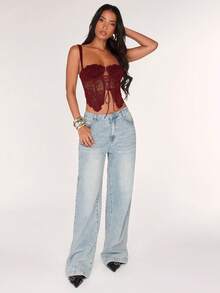 SHEIN BAE 女士性感蕾丝透视系带吊带背心，适合约会之夜、闺蜜聚会、生日派对、鸡尾酒会、夜店、节日派对等场合。 - 酒紅色 - 查看 4