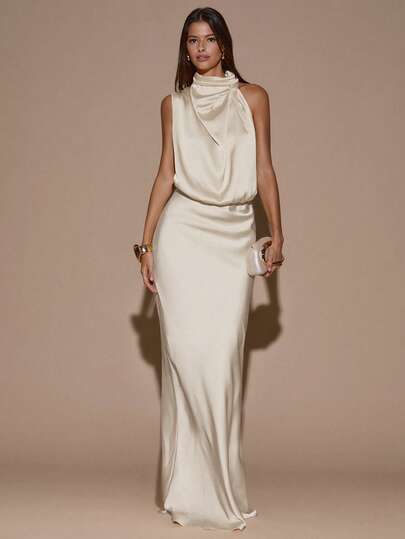 SHEIN BAE Elegant Asymmetric Sleeveless Cream Yellow Dress, Sexy Minimalist Formal Gown For Party, Cocktail, Wedding, Birthday, Satin Long Dress For Women Cowl Neck Dress Long Satin Dress Glamorous Dress