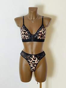 女士豹纹内衣套装，蕾丝拼接前扣式无钢圈文胸和丁字裤两件套 - 彩色 - 查看 6