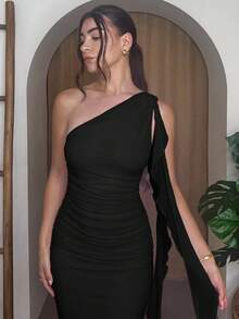 Andrea Bello 优雅不对称褶皱露背连衣裙，网眼荷叶边下摆，女士度假沙滩裙，春夏 - 黑色 - 查看 6