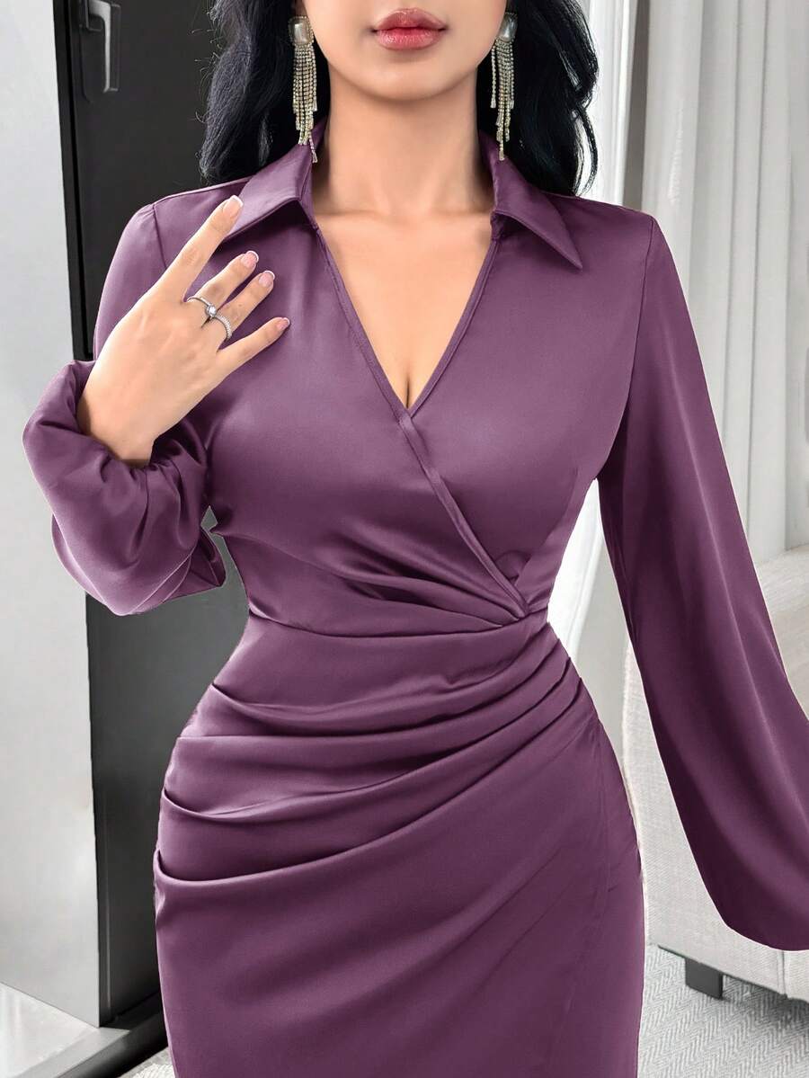 Modelyn فستان حفلة أنيق بياقة على شكل حرف V وأكمام طويلة مطوية وخصر مشدود باللون البرغندي - الأرجواني - مشاهدة 1