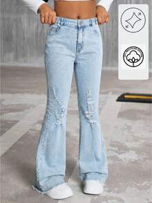 SHEIN ChillGRL TWEEN GIRLS Vintage Washed Color Denim Jeans, Distressed Hem Flare Leg, Street Style, Fashionable New Design Flared Jeans Girls - Light Wash - View 3