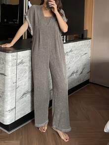 DAZY 女士纹理面料流苏边宽松长款连体裤，家居服 - 咖啡棕 - 查看 7