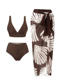 Swim Oasis 3pcs Women's V-Neck Backless Long Dress Swimwear Set, Fashion Casual Resort Wear, Spring/Summer/Autumn/Winter - Brown - View 3