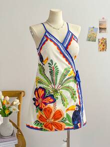 Soleia 加大码女式热带椰子树棕榈叶印花裹身裙，海滩度假装