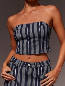 Athîral Bộ đồ denim gợi cảm dành cho nữ: Áo quây ngắn kẻ sọc và chân váy mini. - Màu xanh lam - Xem 2