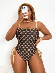 Slaydiva 大码女士复古风棕色印花连体泳衣，采用细肩带和侧系带设计，性感沙滩度假装扮 - 巧克力棕 - 查看 4