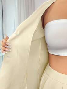 Elenzga 女士优雅奢华正式礼服套装，闪亮欧根纱荷叶边领带西装套装，包含长袖外套和直筒裤，适合万圣节、圣诞节、新年派对、毕业典礼、婚礼、角色扮演等场合。酒红色奶油色两件套裤装，优雅女士两件套西装套装。 - 杏色 - 查看 6