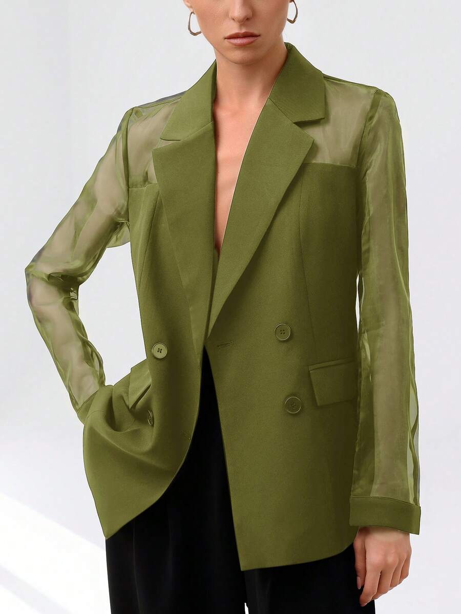 Aveloria Modichic Chaqueta tipo blazer de patchwork de organza de alta calidad y versátil para mujeres, con diseño transpirable y cruzado, ideal para el uso diario - Verde - Ver 1