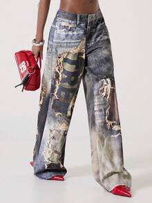 ROMWE Avant Quần jeans nữ dáng rộng cạp thấp in họa tiết rách rưới, phong cách đường phố thường ngày. - Nhiều màu - Xem 3