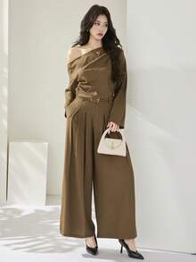 Heiryn Coffee Brown Autumn Elegent Office Women's One-Shoulder Top And Pants Suit,Elegant Wedding Guest Dress Outfits,Spring Summer Vacation Beach Clothing - Army Green - View 2
