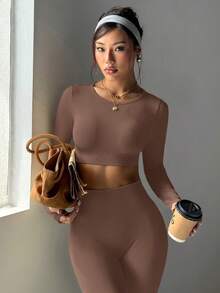 Gameset SHEIN Sport Seamless High Elasticity Women Solid Color Long Sleeve Top And Pants Sports Set - Coffee Brown - View 8
