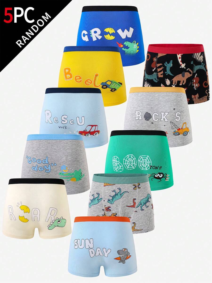 5pcs/Pack Boys' Comfortable Cotton Dinosaur, Shark, Crocodile, Car Printed Briefs Underwear - Multicolor - View 1