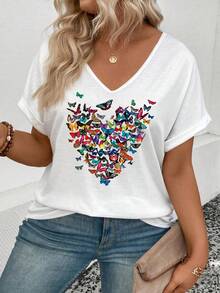 EMERY ROSE Fashionable Casual New V-Neck Turnover Sleeve Colorful Heart & Butterfly Print Plus Size T-Shirt - White - View 6