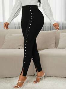 SHEIN Lady Leggings de mujer con decoración de perlas y alta elasticidad - Negro - Ver 6