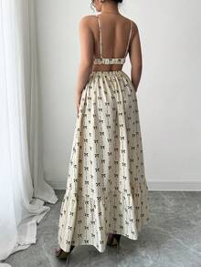 SHEIN Elenzya 大码女式蝴蝶结碎花V领露背无袖长裙，性感度假风，春夏款 - 杏色 - 查看 2
