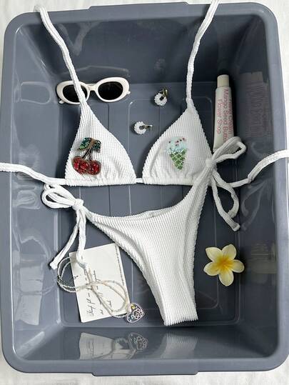 Swim Mod Women's Halter Tie Rhinestone Decor Bikini Set