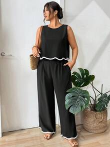 Lounesse Plus Size Vacation Casual Woven Strap Decor Tank Top And Pants 2 Pieces Set - Black - View 6