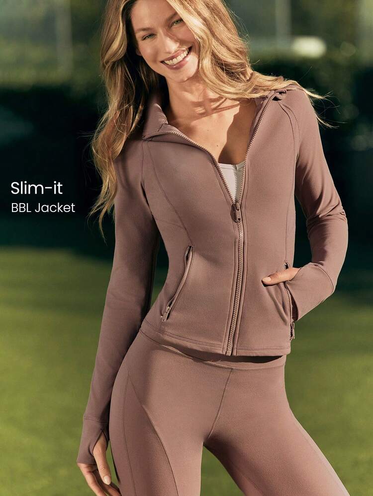 Chaqueta con cremallera de manga larga FeatherFit™ Slim-It Streamline Performance con bolsillos seguros, para yoga de bajo impacto y uso diario en otoño