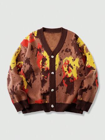 Men's Casual Colorblock Jacquard Cardigan, Loose Fit, Autumn/Winter