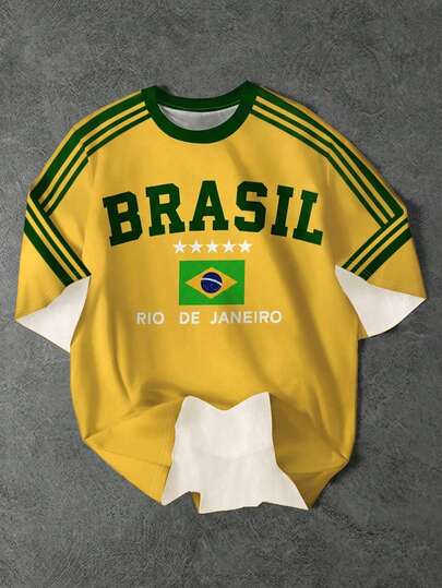 SHEIN Bolty BRASIL, Tween Boy Casual Minimalist Short Sleeve Crew Neck T-Shirt, Suitable For Summer