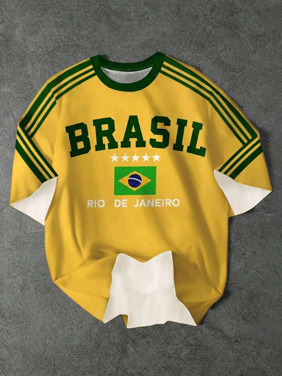 SHEIN Bolty BRASIL, Tween Boy Casual Minimalist Short Sleeve Crew Neck T-Shirt, Suitable For Summer - Multicolor - View 1