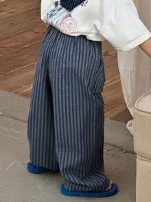 DAZY Young Boy Drawstring Waist Striped Casual Versatile Wide Leg Pants For Daily Wear