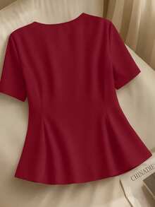 GlowEve CURVE Plus Size Elegant Commuter Solid Color Bow Decor Shirt - Burgundy - View 2