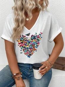 EMERY ROSE Fashionable Casual New V-Neck Turnover Sleeve Colorful Heart & Butterfly Print Plus Size T-Shirt - White - View 7