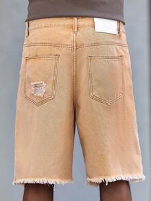 Manfinity Roughcore Men's Casual Washed Distressed Denim Shorts Ripped Shorts Men - Brown - View 2