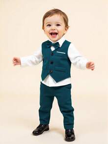 SHEIN 2pcs Gentleman Suit: Plain Vest And Long Pants, Fashion Suitable For Birthday Party, Evening Party, Performance, Wedding - Green - View 3