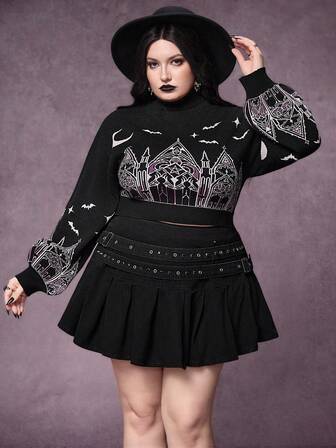 Goth Maglione a collo alto da donna taglie forti con motivo a castello e croce, in stile gotico natalizio, a contrasto di colore