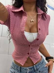 StreetHx Women's Fashionable Pink Short Sleeve Casual Plaid Shirt - Multicolor - View 1