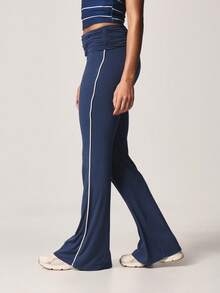 Missguided x Playboy Fold Over Waistband Flare Leg Casual Trousers High Waisted Wide Leg Yoga Pants Spring Summer Fashion - Dusty Blue - View 6