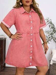 EMERY ROSE Vestido de mezclilla casual con botones delanteros para tallas grandes - Rosa - Ver 6
