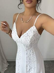 Elenzga Women's V-Neck Sleeveless Backless Floral Lace Patchwork Beach Vacation Dress, Spring/Summer - White - View 3