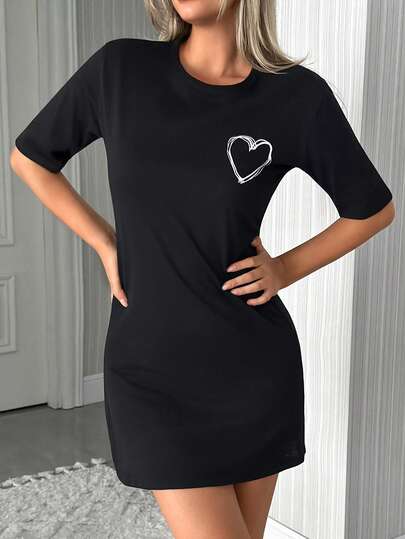 EURMUSE Soft & Skin-Friendly Heart Print Short Sleeve Nightgown