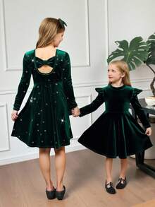 SHEIN Tween Girl Elegant Dark Green Velvet Dress,Autumn Winter Long Sleeve Hot Diamond Star Backless Bow A-Line Princess Dress For Party & Birthday - Green - View 4