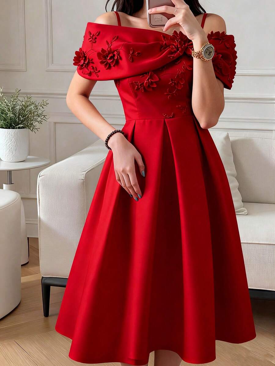 SHEIN Teen Girls' Waist-Cinched Off-Shoulder Bowknot Flared Dress, Suitable For Banquet