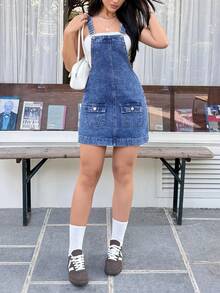 Rivivi 女士口袋时尚百搭休闲牛仔背带裙 - 深色水洗藍 - 查看 5