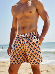 Manfinity Swimmode Men's Geometric Print Drawstring Waist Casual Versatile Beach Shorts Men Swim Trunks Couple Matching Swimwear For Couples - Multicolor - View 4