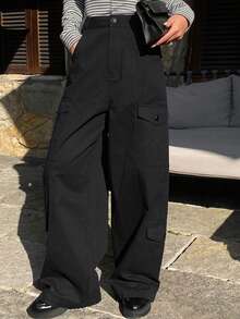 DAZY Women's Solid Color Fitted Cargo Pants With Pockets, Casual Street Style Trousers For Spring And Autumn Y2k - Black - View 8