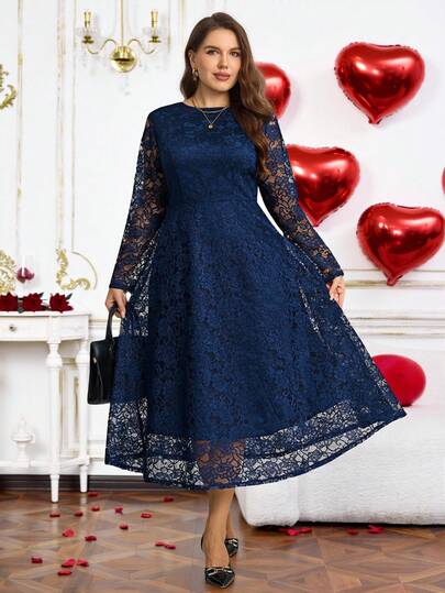 Miaspire 大码蕾丝拼布纯色优雅长袖连衣裙