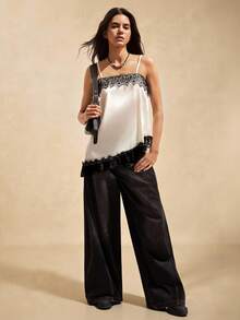 Easelle 女士撞色蕾丝不对称下摆时尚吊带背心 - 杏色 - 查看 3