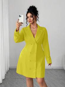 Elenzga Plus Size Solid Color Double-Breasted Bow Decor Backless Dress - Yellow - View 6