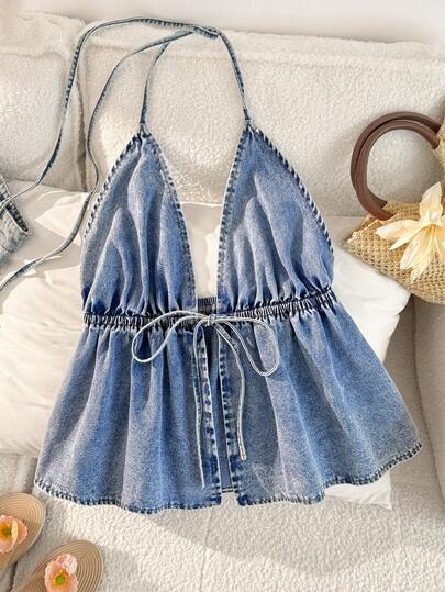 Comfortcana 大码纯色吊带系带休闲时尚无袖牛仔上衣，适合夏季春季女士沙滩派对外出度假穿着。