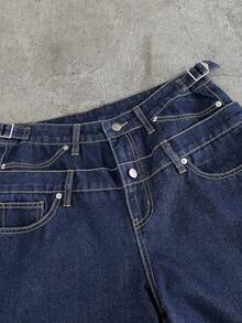 AXEPEAK Men's Double-Waistband Pockets Wide Leg Loose Casual Jeans - Blue - View 3