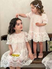 LMoss Kids 女婴圆领泡泡袖花卉刺绣网纱可爱连衣裙 - 白色 - 查看 6