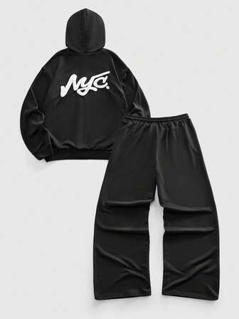 Street Life Men's Casual Letter Foil Print Hoodie Set