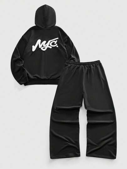 Street Life Set casual da uomo con felpa con cappuccio e stampa a lettere in lamina